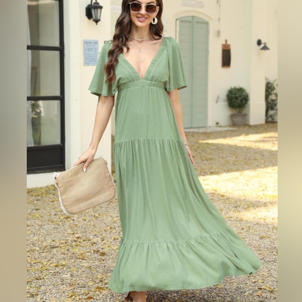 Amazon Sage Green V-Neck Flutter Sleeve Maxi Dress